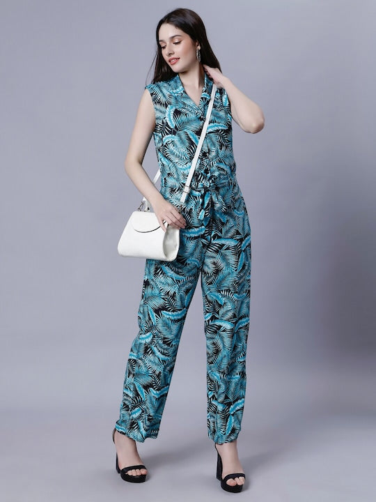 Tropical Printed Notch Lapel Collar Casual Basic Jumpsuit