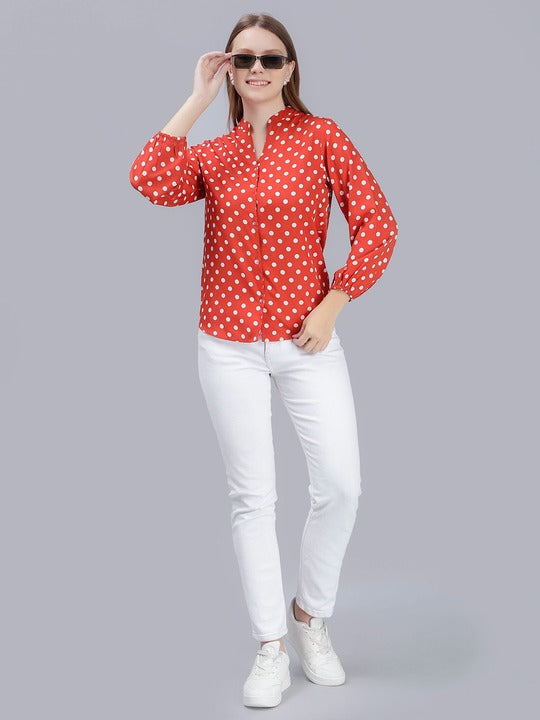 Comfort Slim Fit Polka Dots Printed Mandarin Collar Casual Shirt