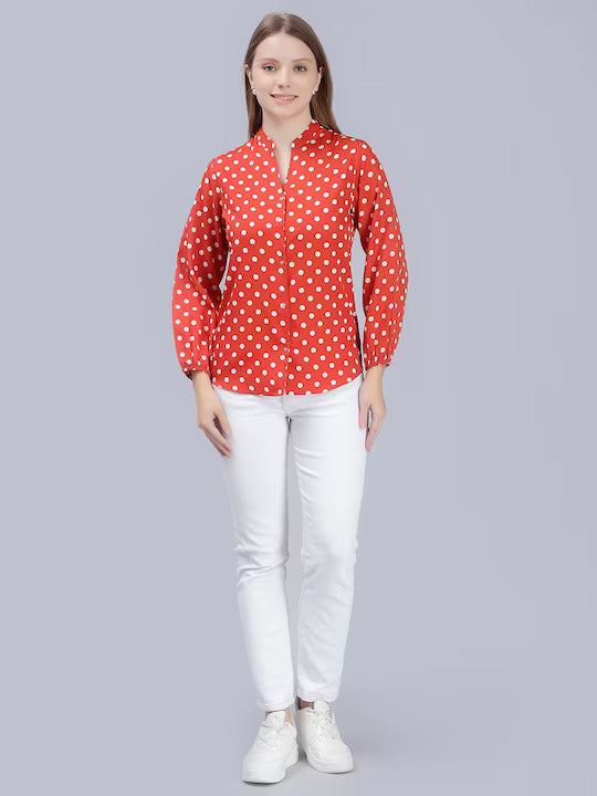 Comfort Slim Fit Polka Dots Printed Mandarin Collar Casual Shirt