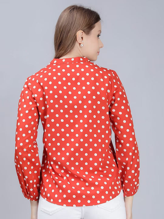 Comfort Slim Fit Polka Dots Printed Mandarin Collar Casual Shirt