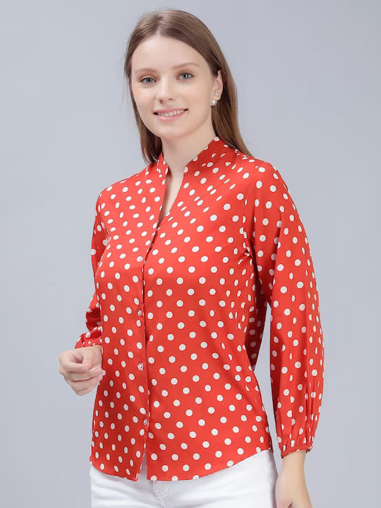 Comfort Slim Fit Polka Dots Printed Mandarin Collar Casual Shirt