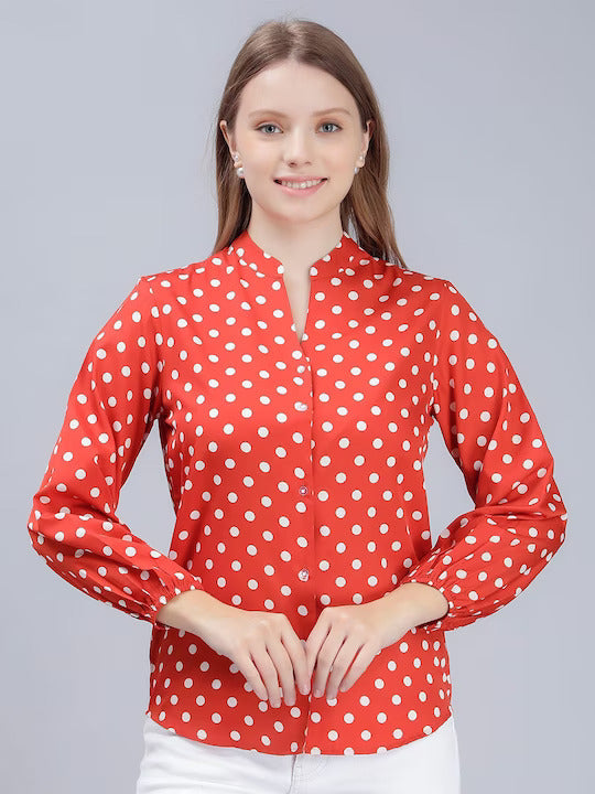 Comfort Slim Fit Polka Dots Printed Mandarin Collar Casual Shirt