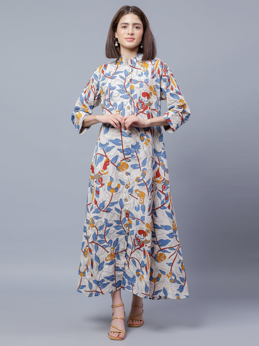 Ethnic Printed Mandarin Collar A-Line Midi Cotton Dress