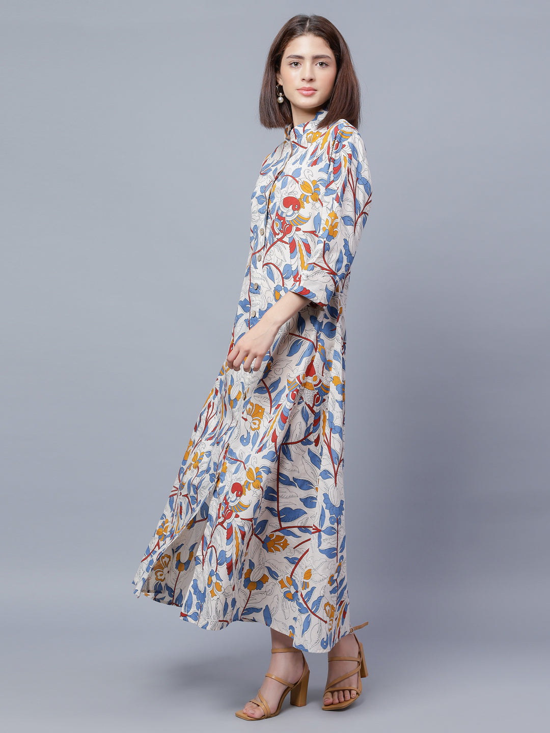 Ethnic Printed Mandarin Collar A-Line Midi Cotton Dress