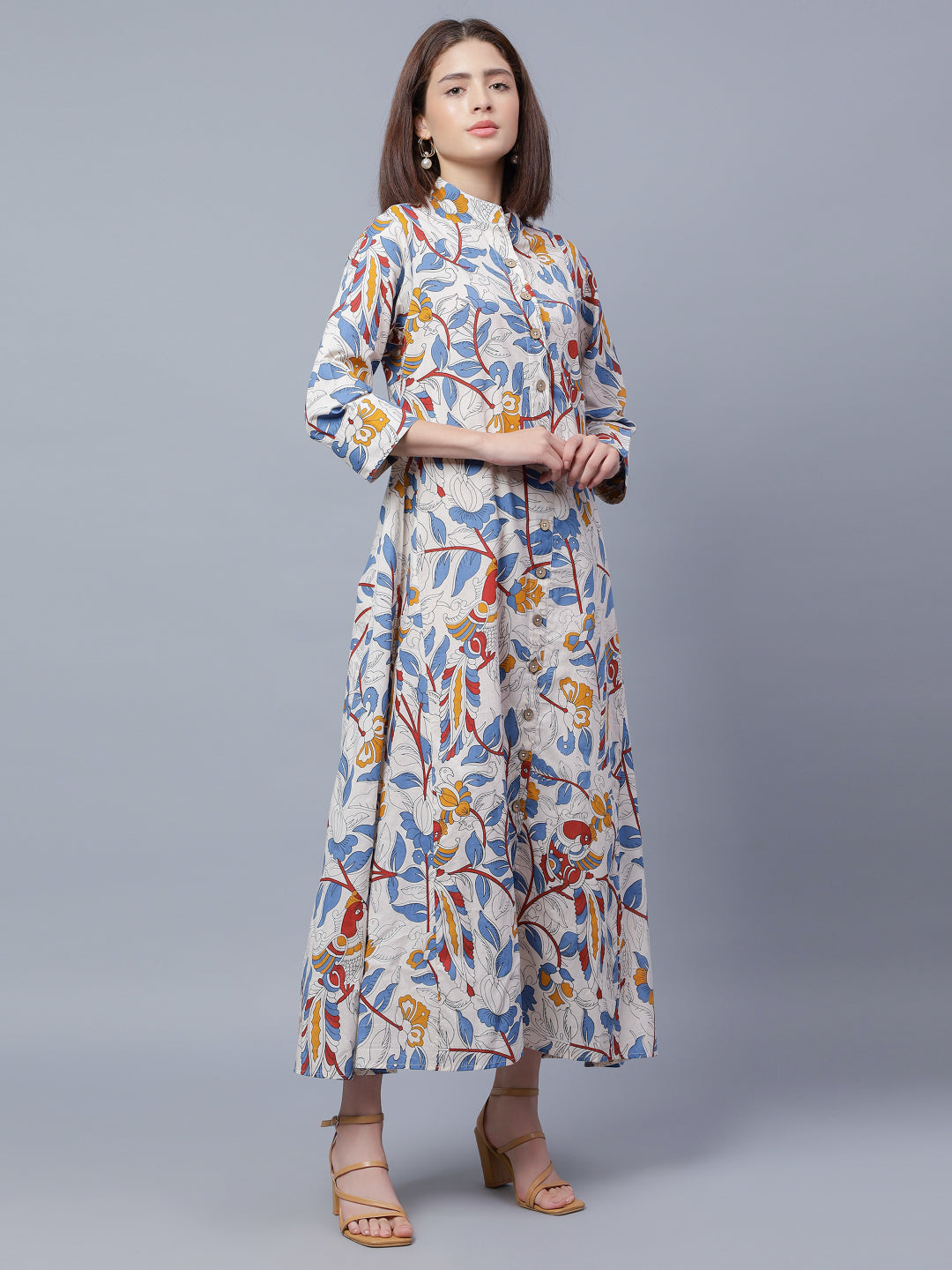 Ethnic Printed Mandarin Collar A-Line Midi Cotton Dress