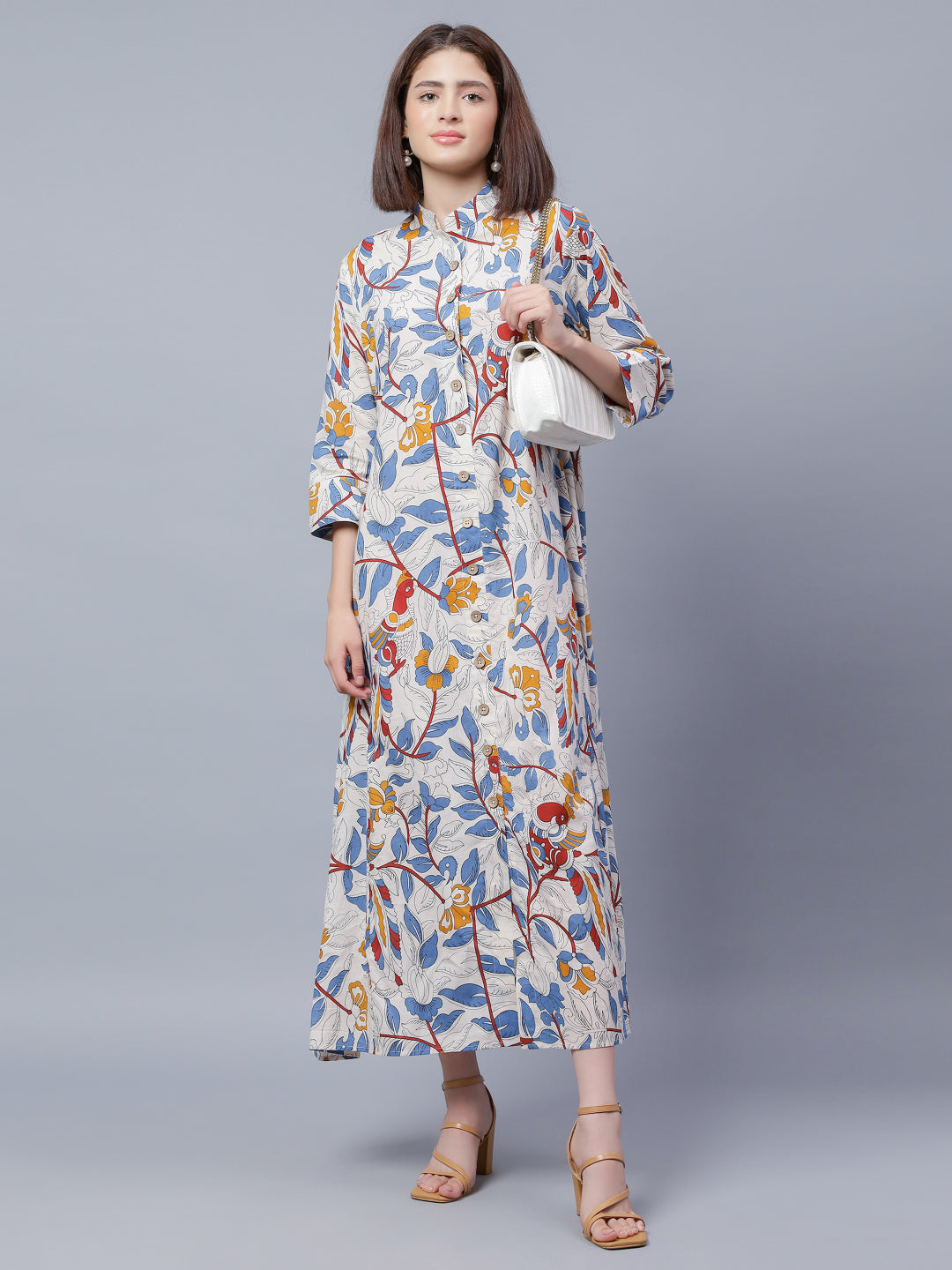 Ethnic Printed Mandarin Collar A-Line Midi Cotton Dress