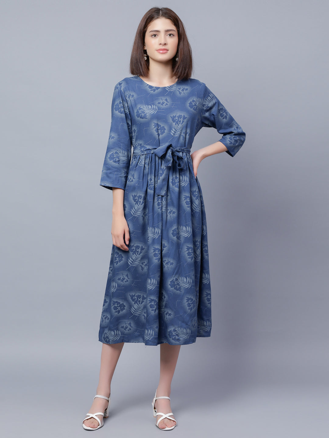 Floral Printed Round Neck Belted Fit &amp; Flare Midi Dress