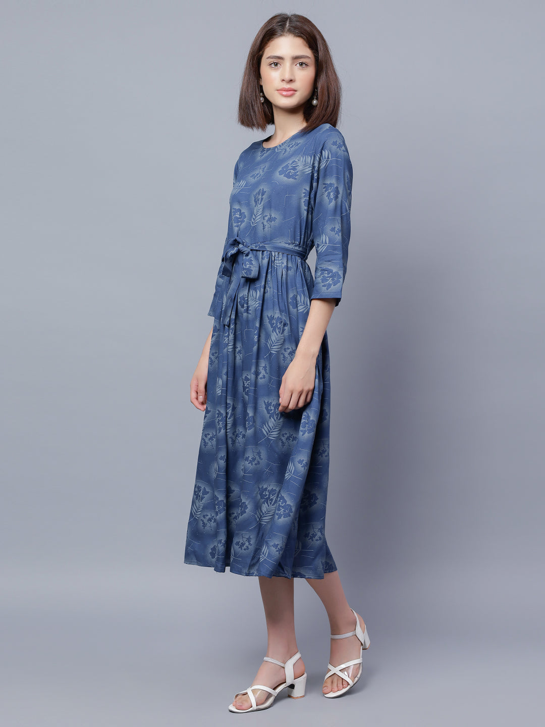 Floral Printed Round Neck Belted Fit &amp; Flare Midi Dress