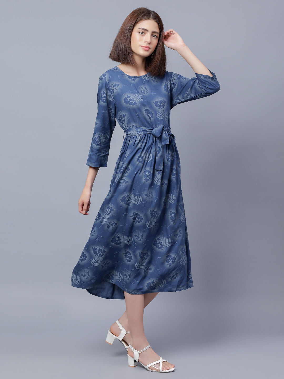 Floral Printed Round Neck Belted Fit &amp; Flare Midi Dress