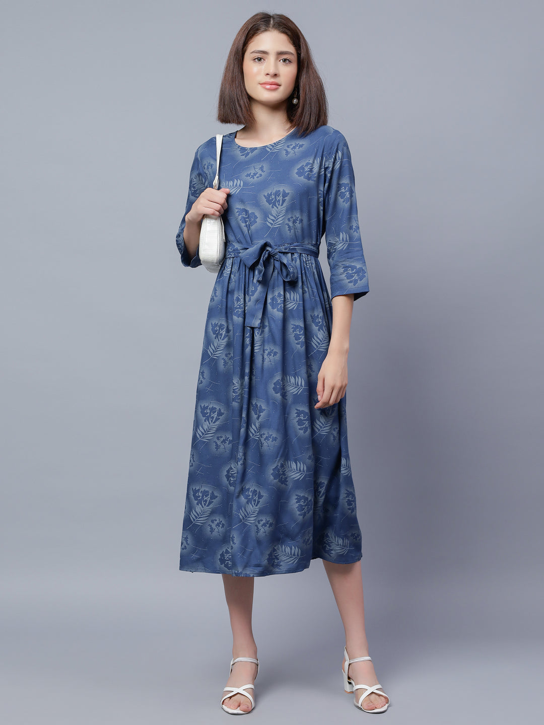 Floral Printed Round Neck Belted Fit &amp; Flare Midi Dress