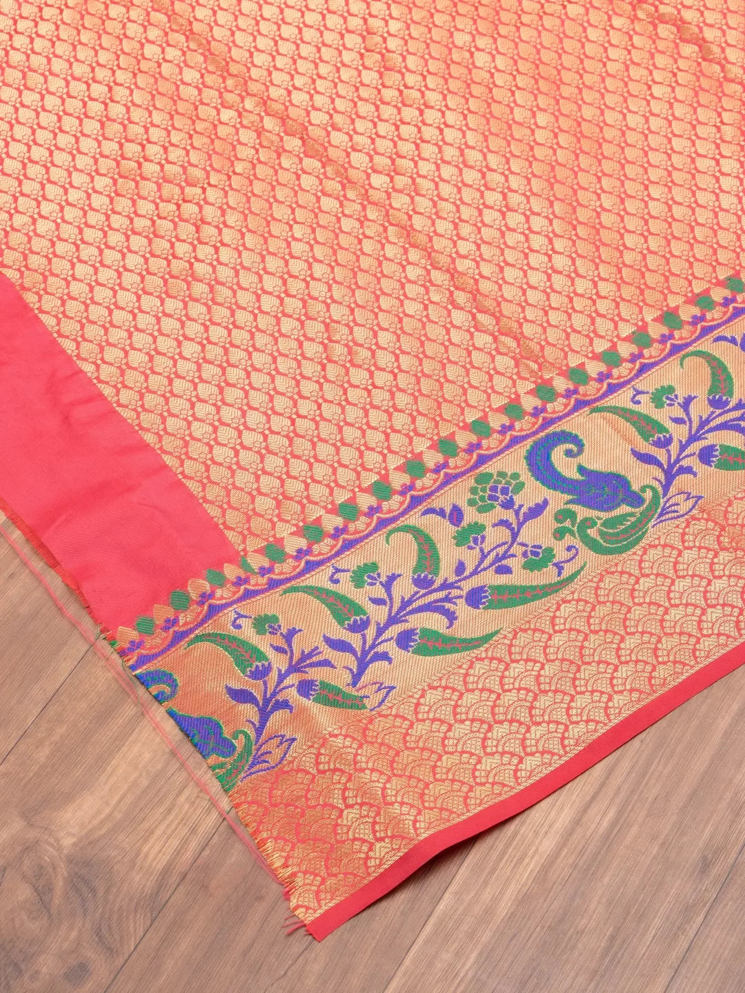 Meenakari Border and Tassels with Gold Zari Zigzag Weaving Pure Silk Saree