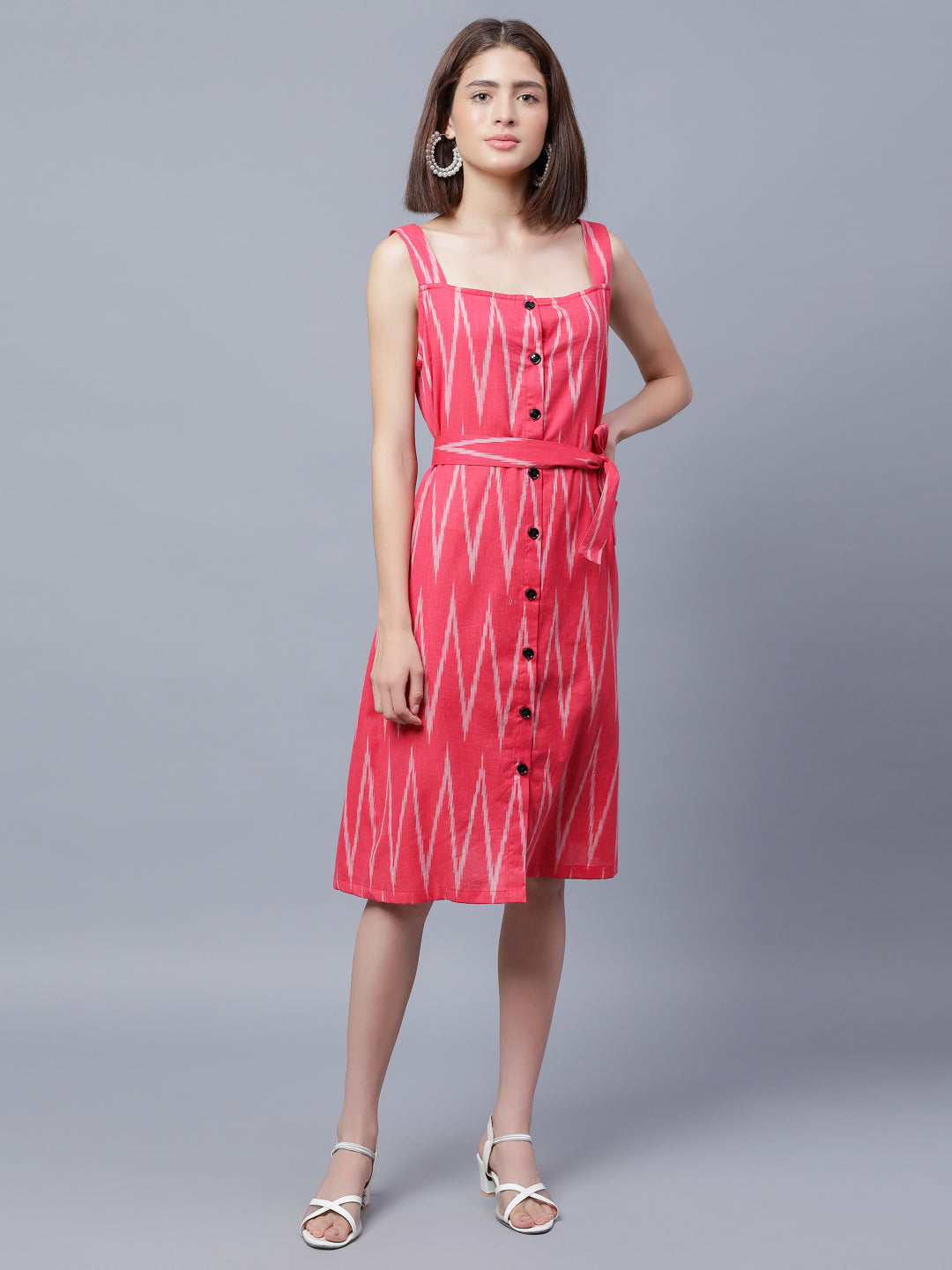 Chevron Printed Shoulder Strap Belted Cotton A-Line Dress