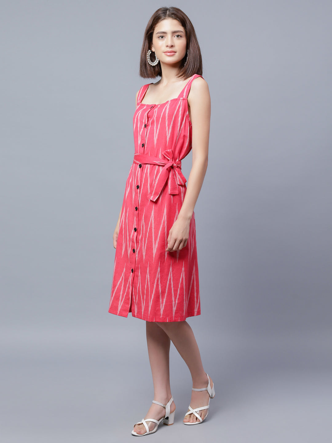 Chevron Printed Shoulder Strap Belted Cotton A-Line Dress