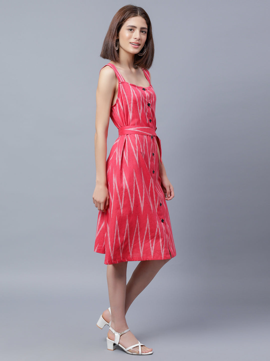 Chevron Printed Shoulder Strap Belted Cotton A-Line Dress