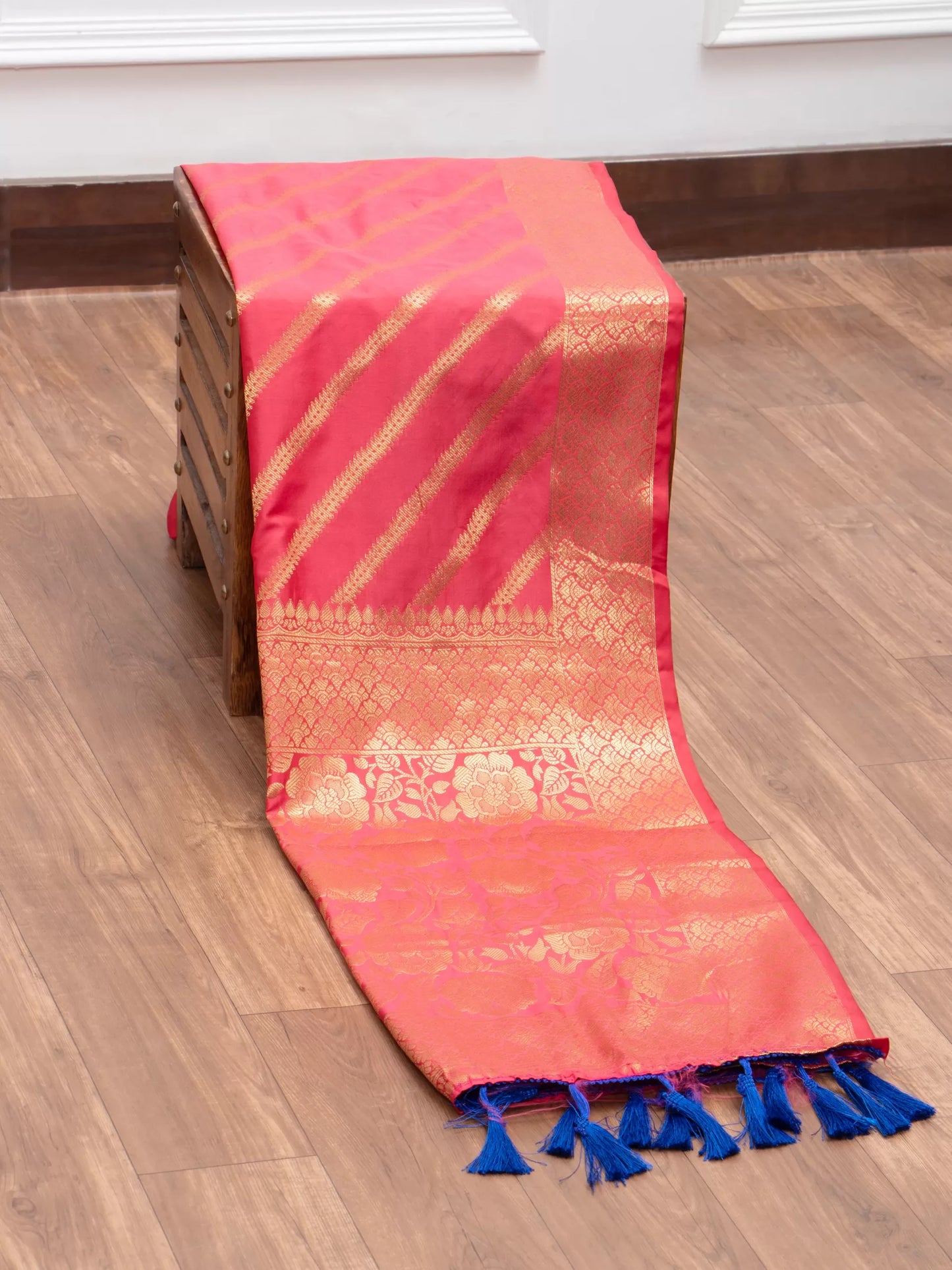 Meenakari Border and Tassels with Gold Zari Zigzag Weaving Pure Silk Saree