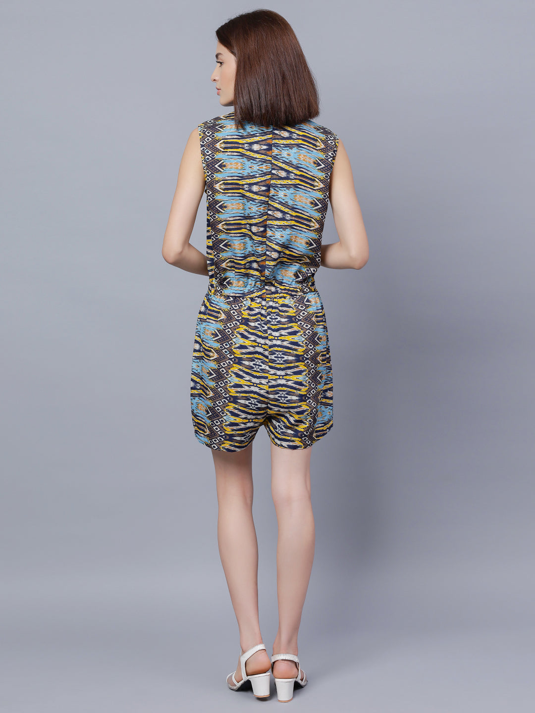 Tribal Printed Round Neck Sleeveless Gathered Playsuit