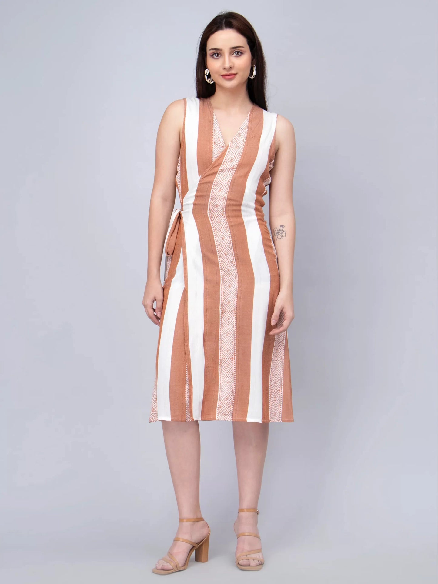 Striped V-Neck Sleeveless Cotton Wrap Dress