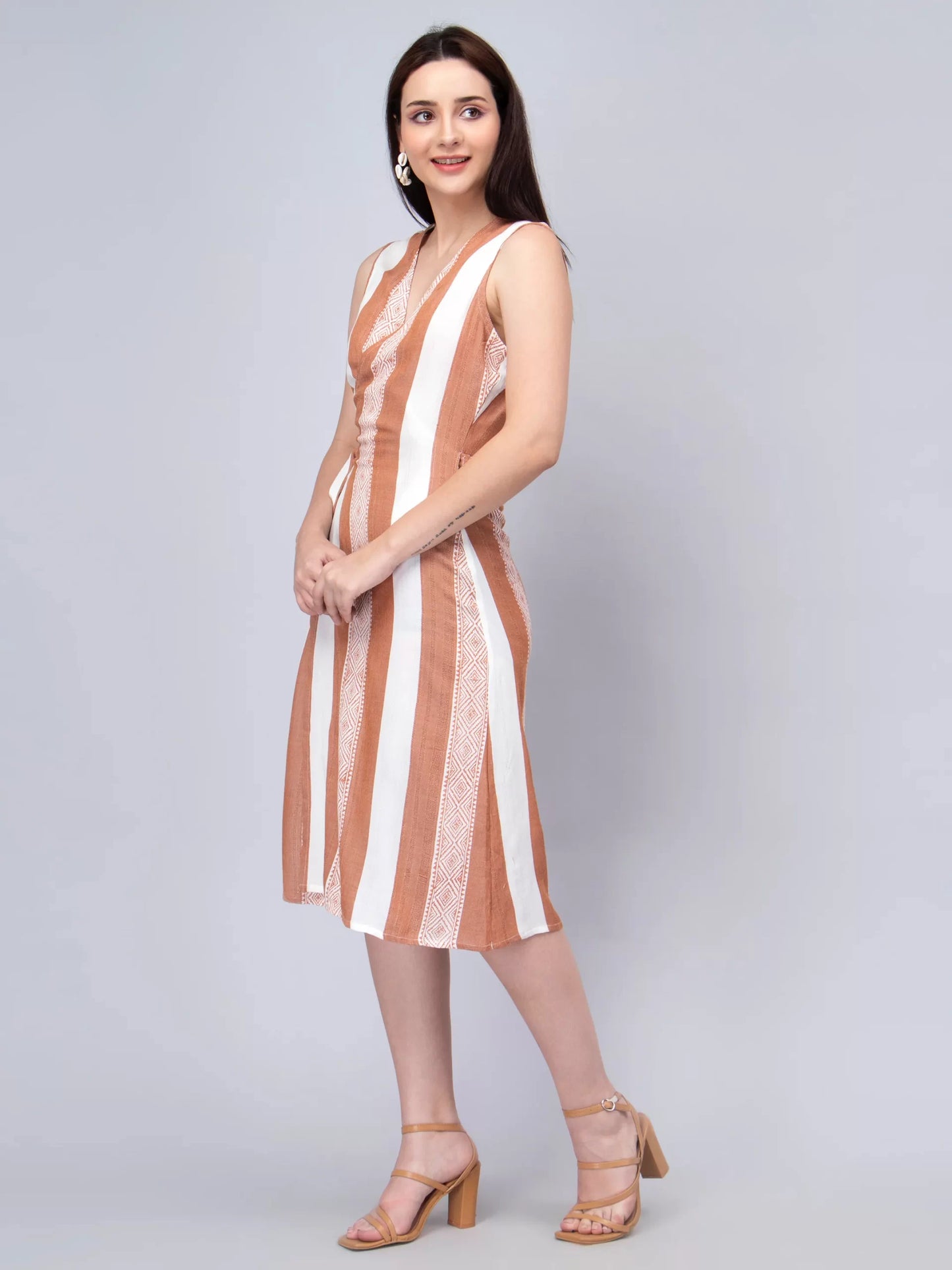 Striped V-Neck Sleeveless Cotton Wrap Dress