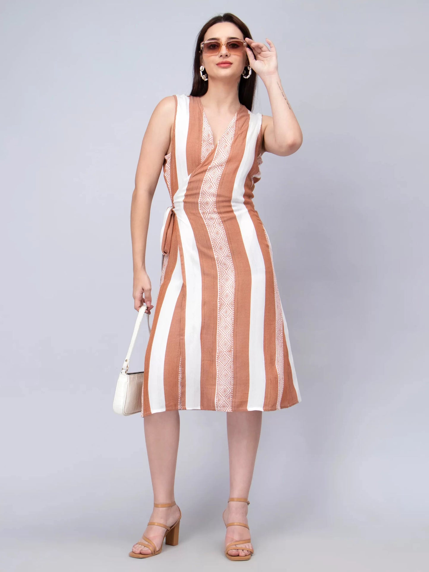 Striped V-Neck Sleeveless Cotton Wrap Dress