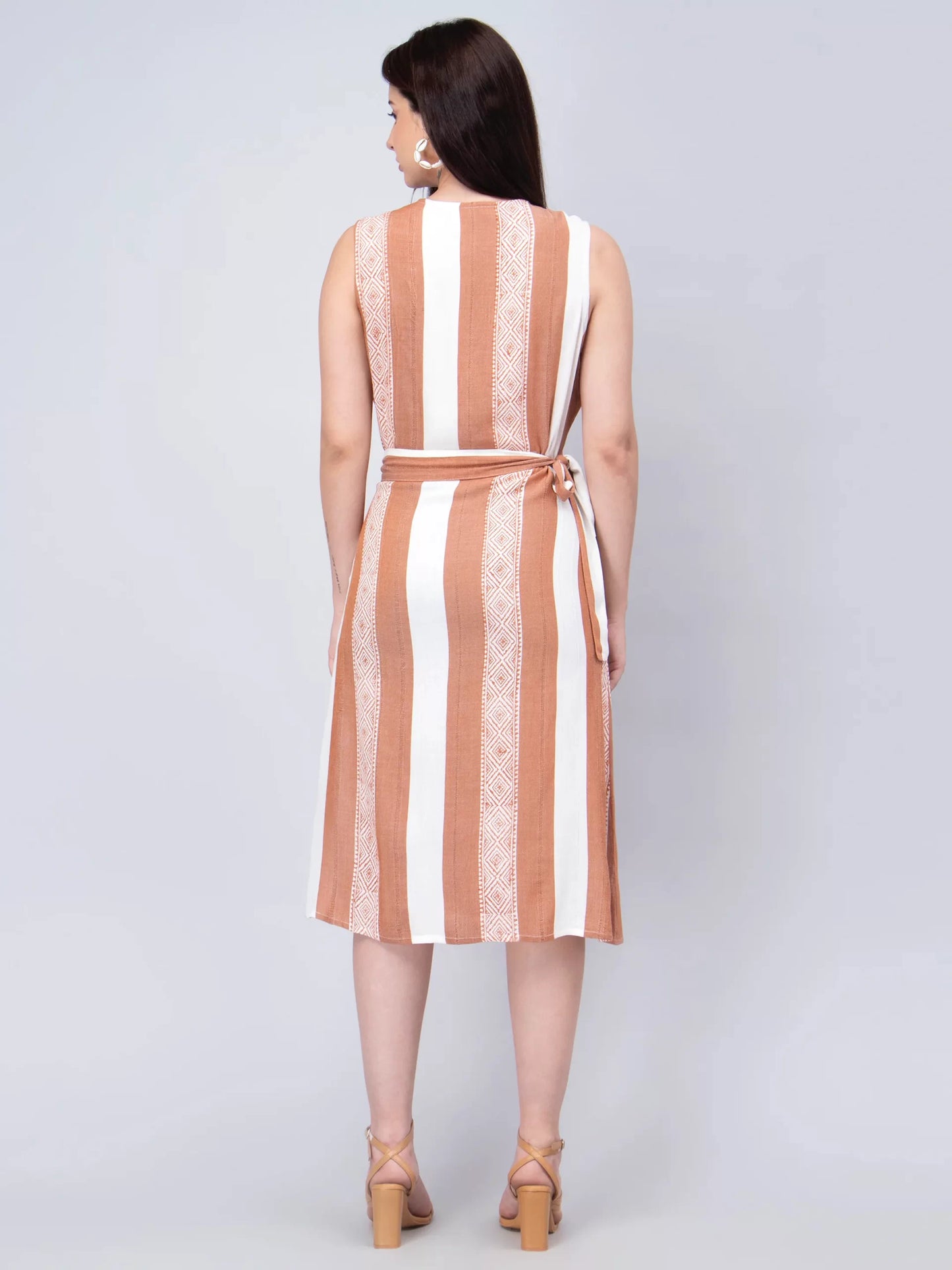 Striped V-Neck Sleeveless Cotton Wrap Dress