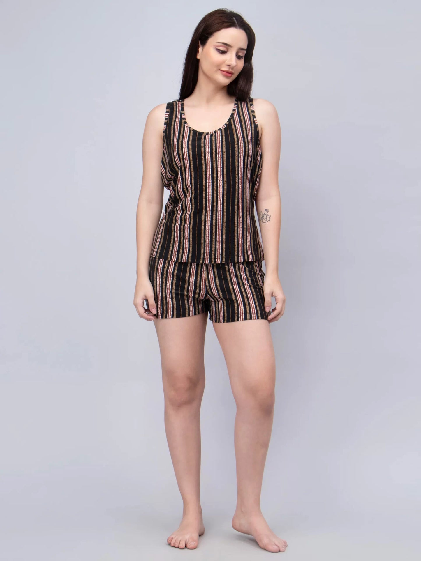 Striped Round Neck Sleeveless Pure Cotton Top With Shorts