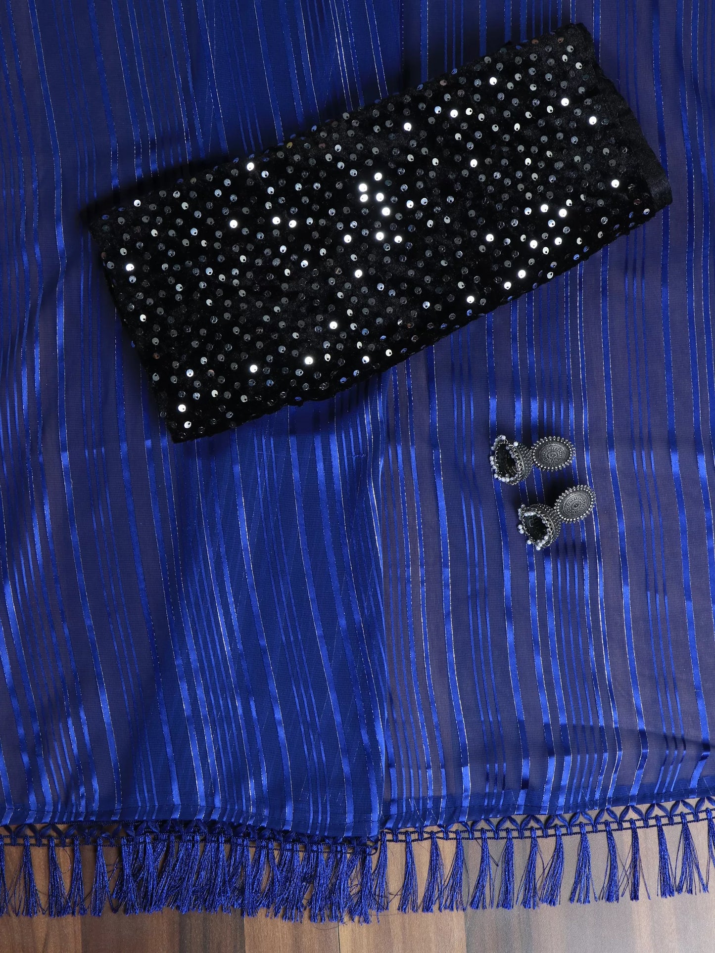 Embellished Striped Blue Saree