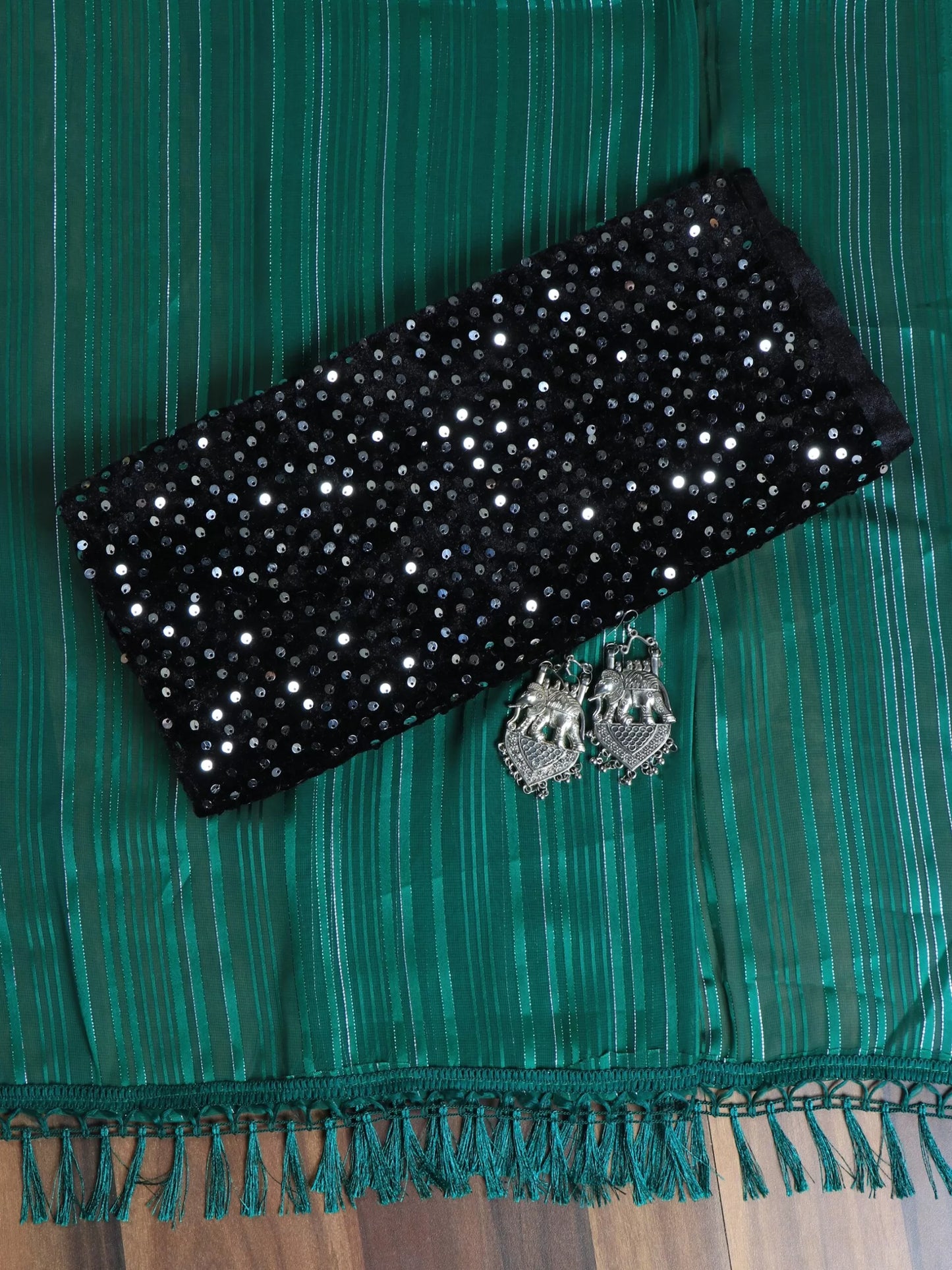 Embellished Striped Dark Green Saree