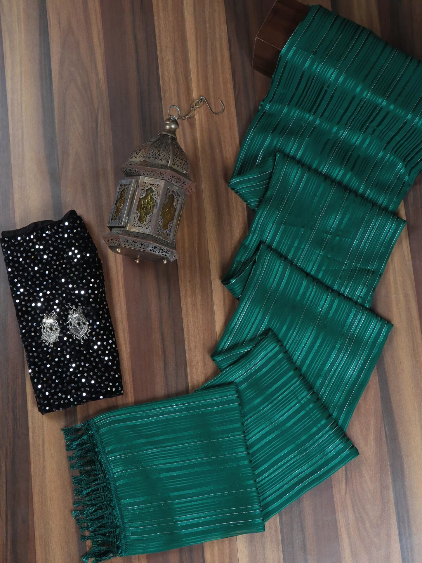 Embellished Striped Dark Green Saree