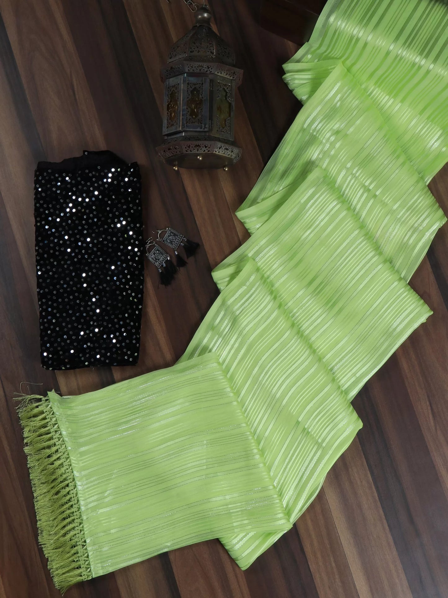 Embellished Striped Light Green Saree