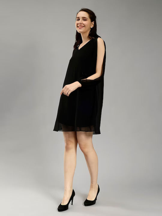 V-Neck Slit Sleeves A-Line Dress