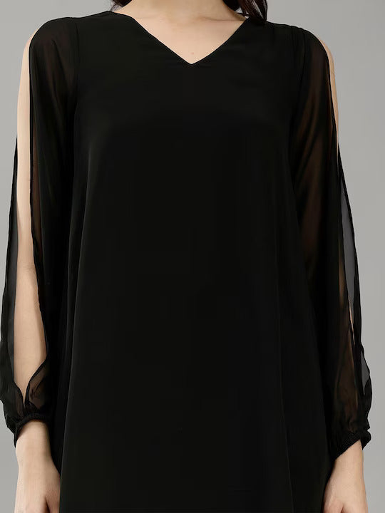 V-Neck Slit Sleeves A-Line Dress