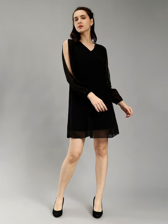 V-Neck Slit Sleeves A-Line Dress