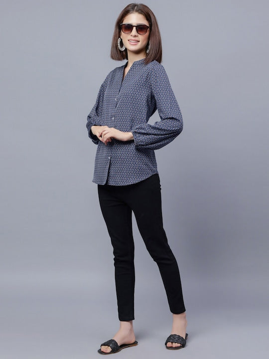 Comfort Geometric Printed Mandarin Collar Casual Shirt