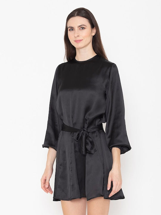 Round Neck Puff Sleeve Cotton Belted A-Line Dress