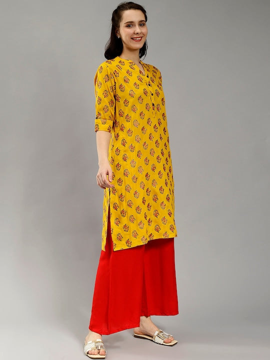 Ethnic Motifs Printed Mandarin Collar Cotton Straight Kurta