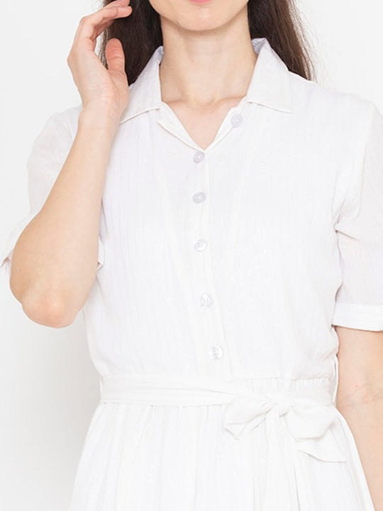 Shirt Collar Short Sleeves Cotton Belted Shirt Dress