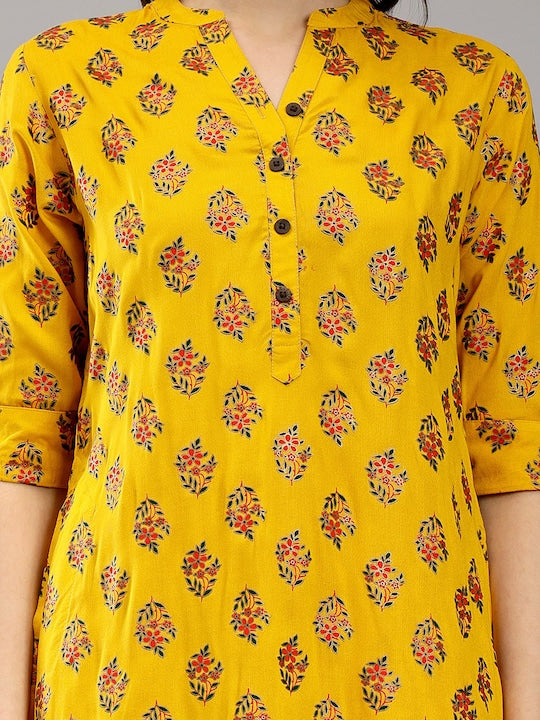 Ethnic Motifs Printed Mandarin Collar Cotton Straight Kurta