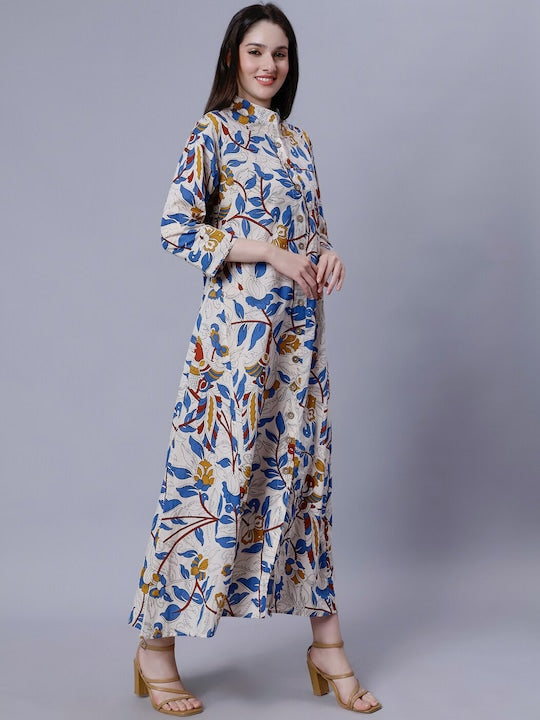 Floral Printed Mandarin Collar Cotton A-Line Midi Dresse