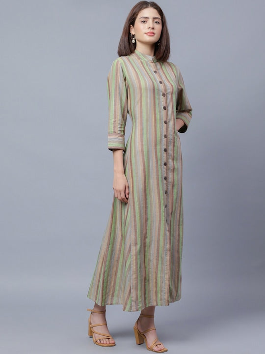 Striped Shirt Collar Cotton Maxi Shirt Dress