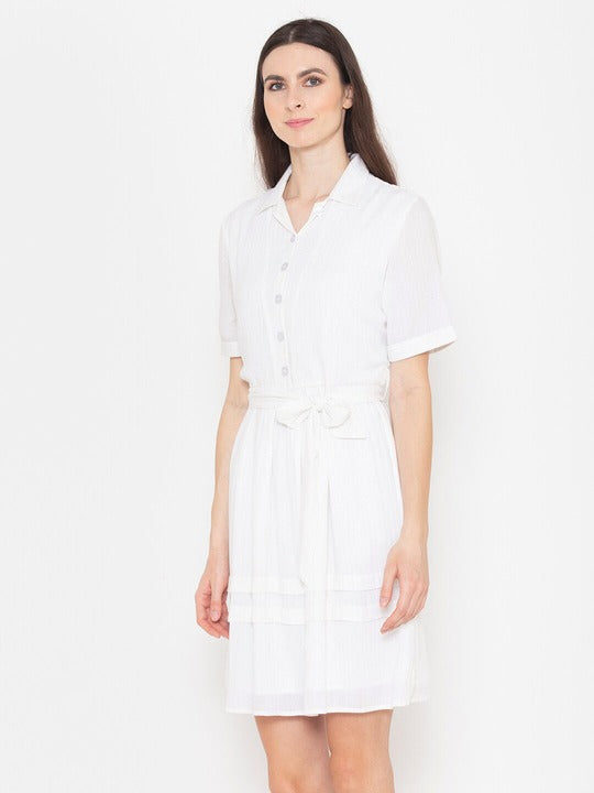 Shirt Collar Short Sleeves Cotton Belted Shirt Dress