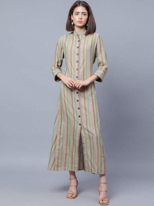 Striped Shirt Collar Cotton Maxi Shirt Dress