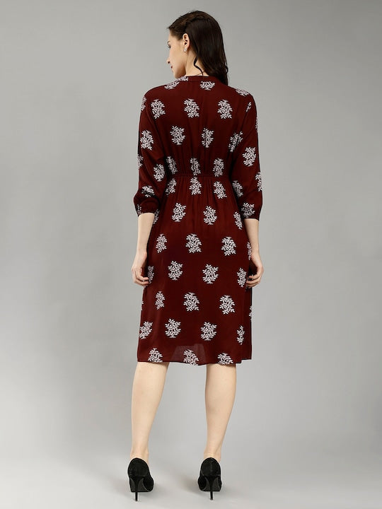 Ethnic Motifs Printed Mandarin Collar Puff Sleeves Cotton Fit &amp; Flare Midi Dress