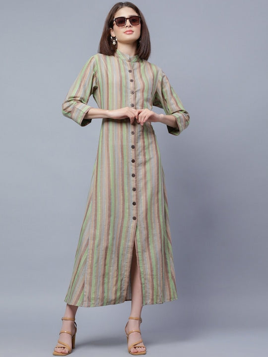 Striped Shirt Collar Cotton Maxi Shirt Dress