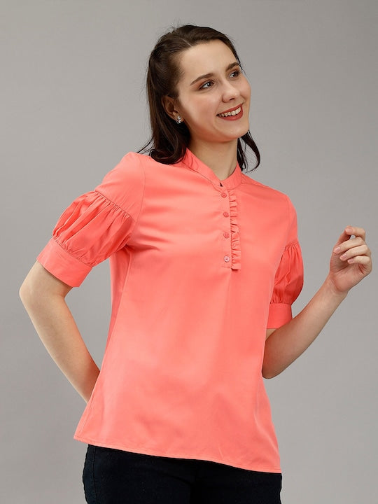 Mandarin Collar Puff Sleeves Ruffles Detailed Top