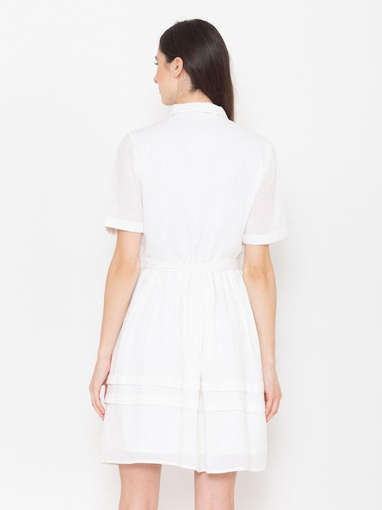 Shirt Collar Short Sleeves Cotton Belted Shirt Dress