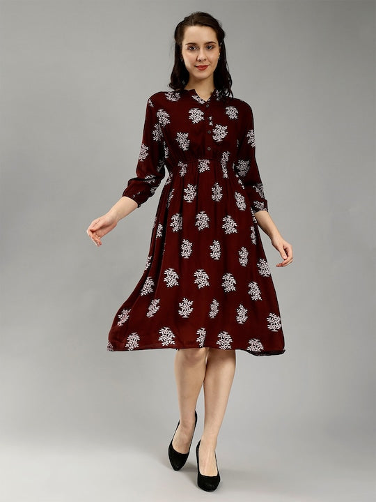 Ethnic Motifs Printed Mandarin Collar Puff Sleeves Cotton Fit &amp; Flare Midi Dress