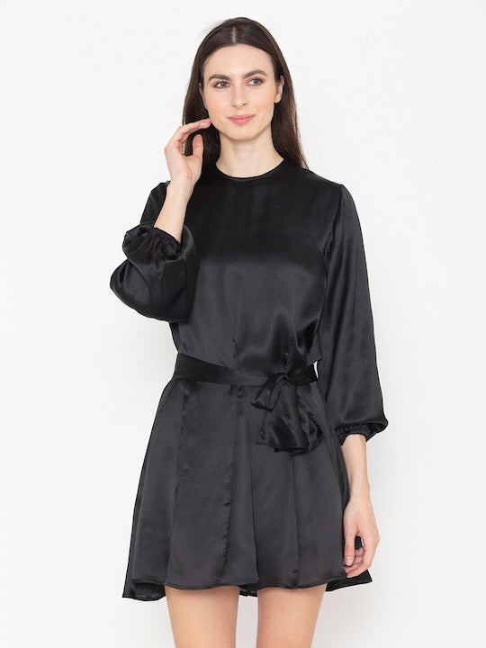 Round Neck Puff Sleeve Cotton Belted A-Line Dress