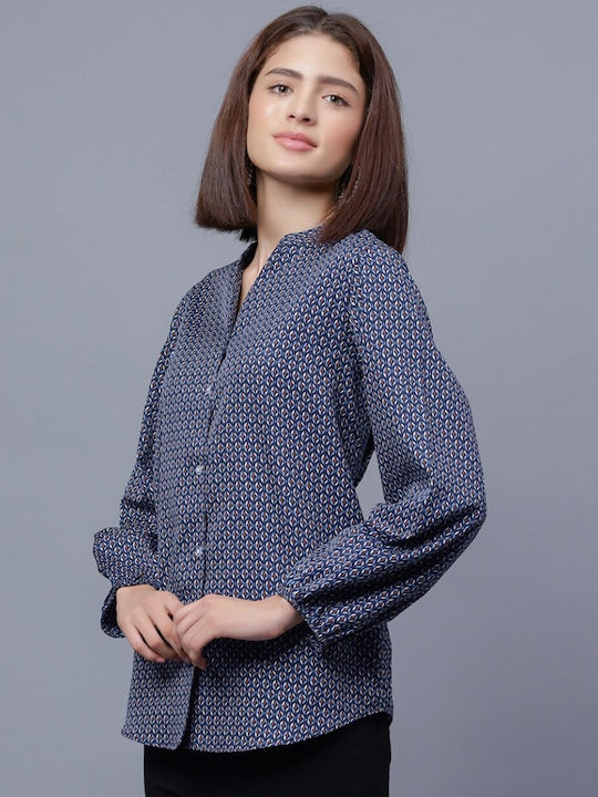 Comfort Geometric Printed Mandarin Collar Casual Shirt