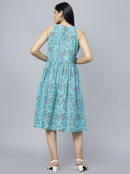 Floral Printed Gathered Cotton A-Line Midi Dress