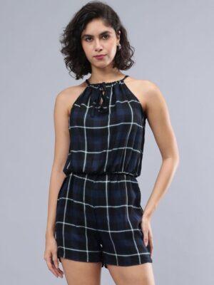 women halter neck checked jumpsuit